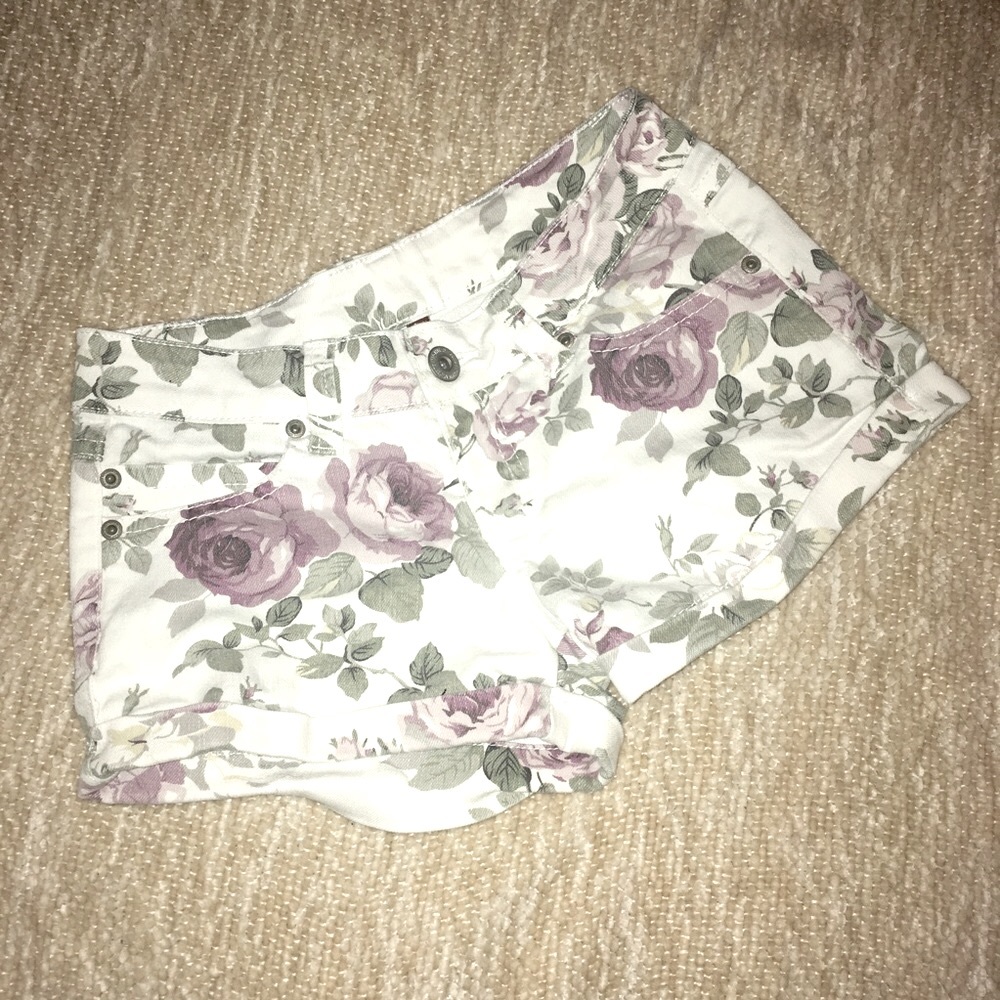 White and Lilac Rose Denim Shorts